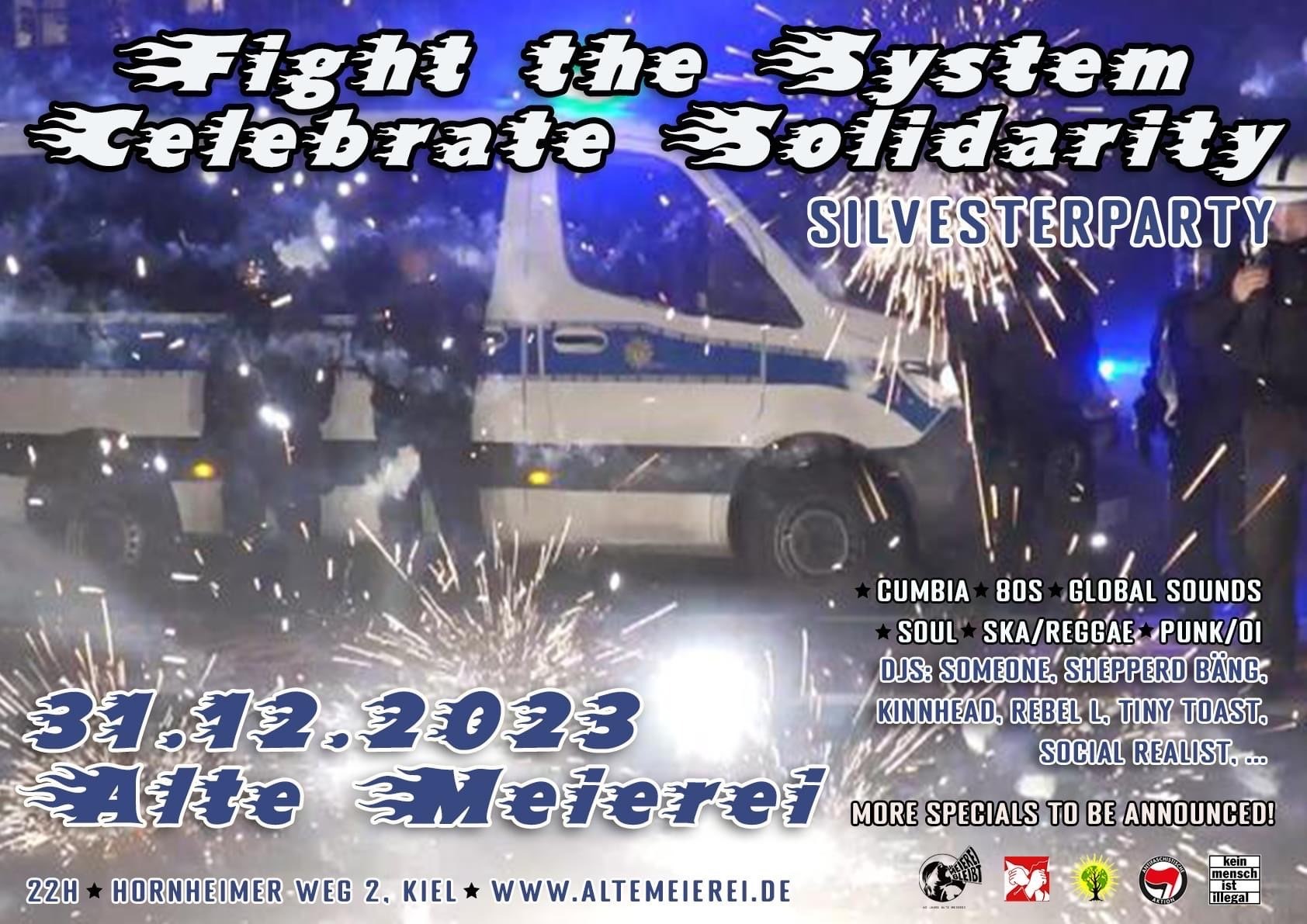 Fight the System - celebrate Solidarity - Silvesterparty - Bild mit Polizeiauto im Hintergrund, davor Feuerwerk